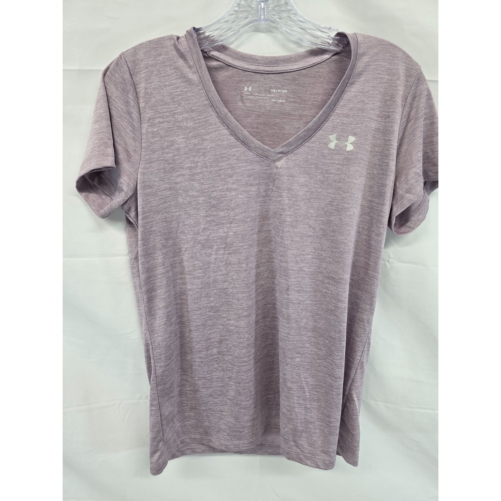 Under Armour HeatGear Womens V-Neck T-Shirt Purple Heathered Short Sleeve Small